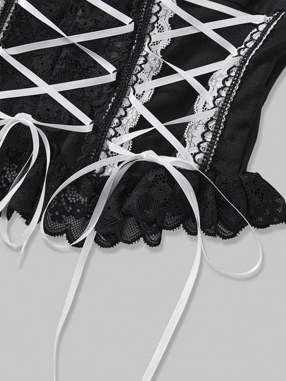 ROMWE Goth Corset superior de camiseta ajustada con lazo, parche de cruz, ribete de encaje y mangas abullonadas, estilo gótico
