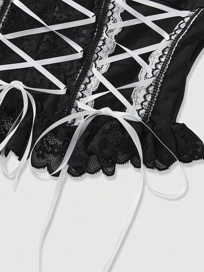ROMWE Goth Corset superior de camiseta ajustada con lazo, parche de cruz, ribete de encaje y mangas abullonadas, estilo gótico