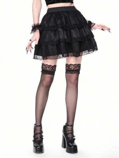 ROMWE Goth Elegante falda romántica gótica vintage de 3 niveles con diseño de encaje en silueta A