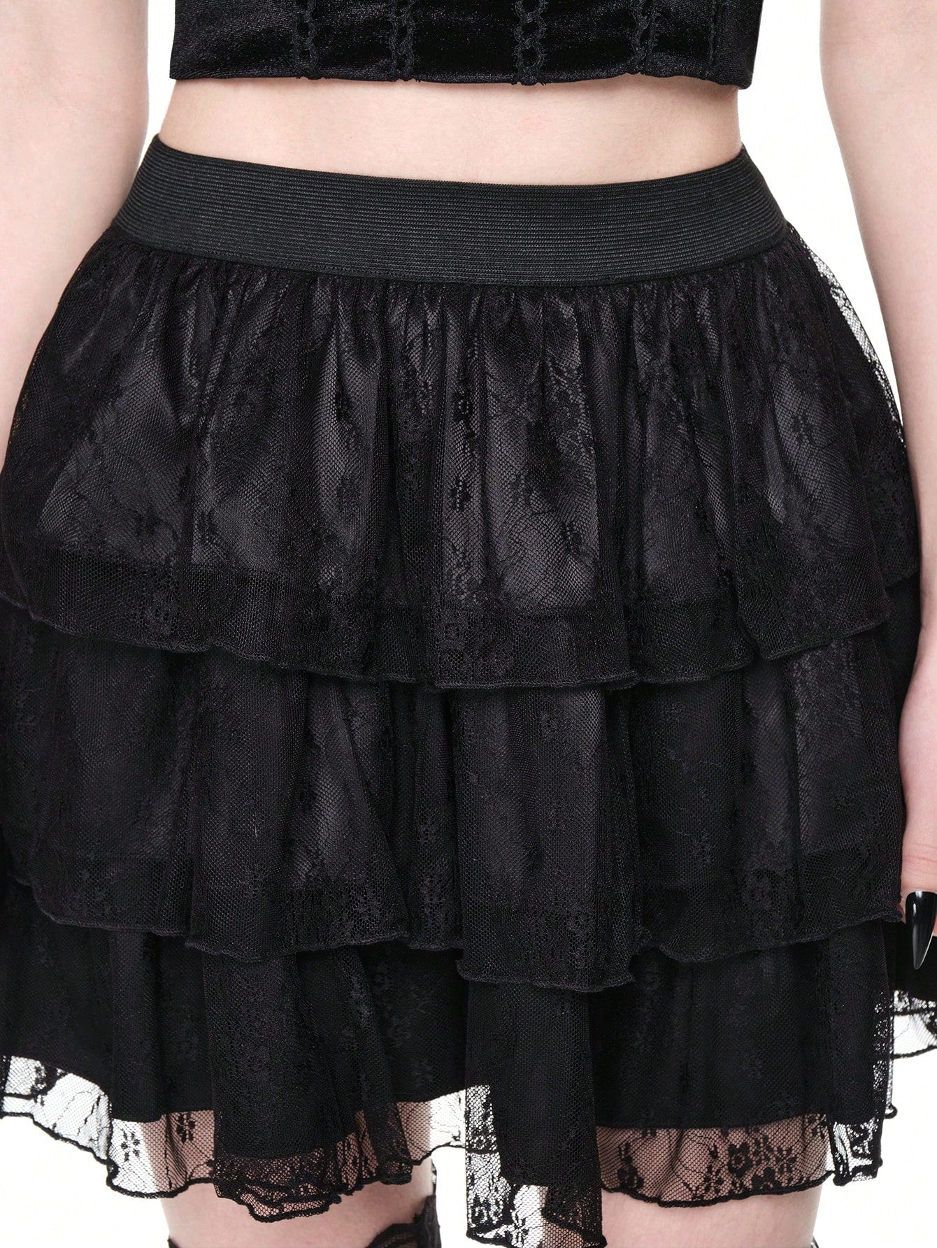 ROMWE Goth Elegante falda romántica gótica vintage de 3 niveles con diseño de encaje en silueta A