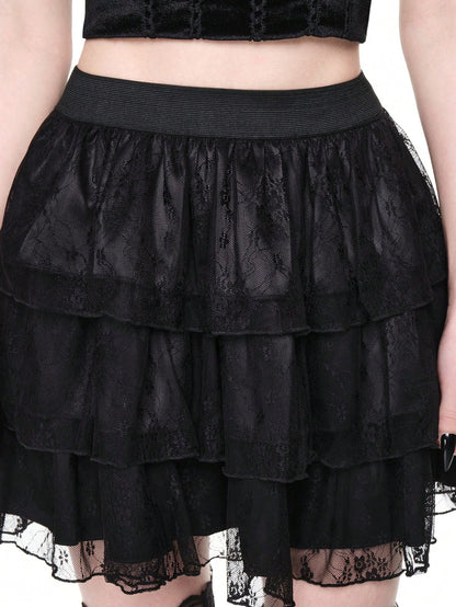 ROMWE Goth Elegante falda romántica gótica vintage de 3 niveles con diseño de encaje en silueta A