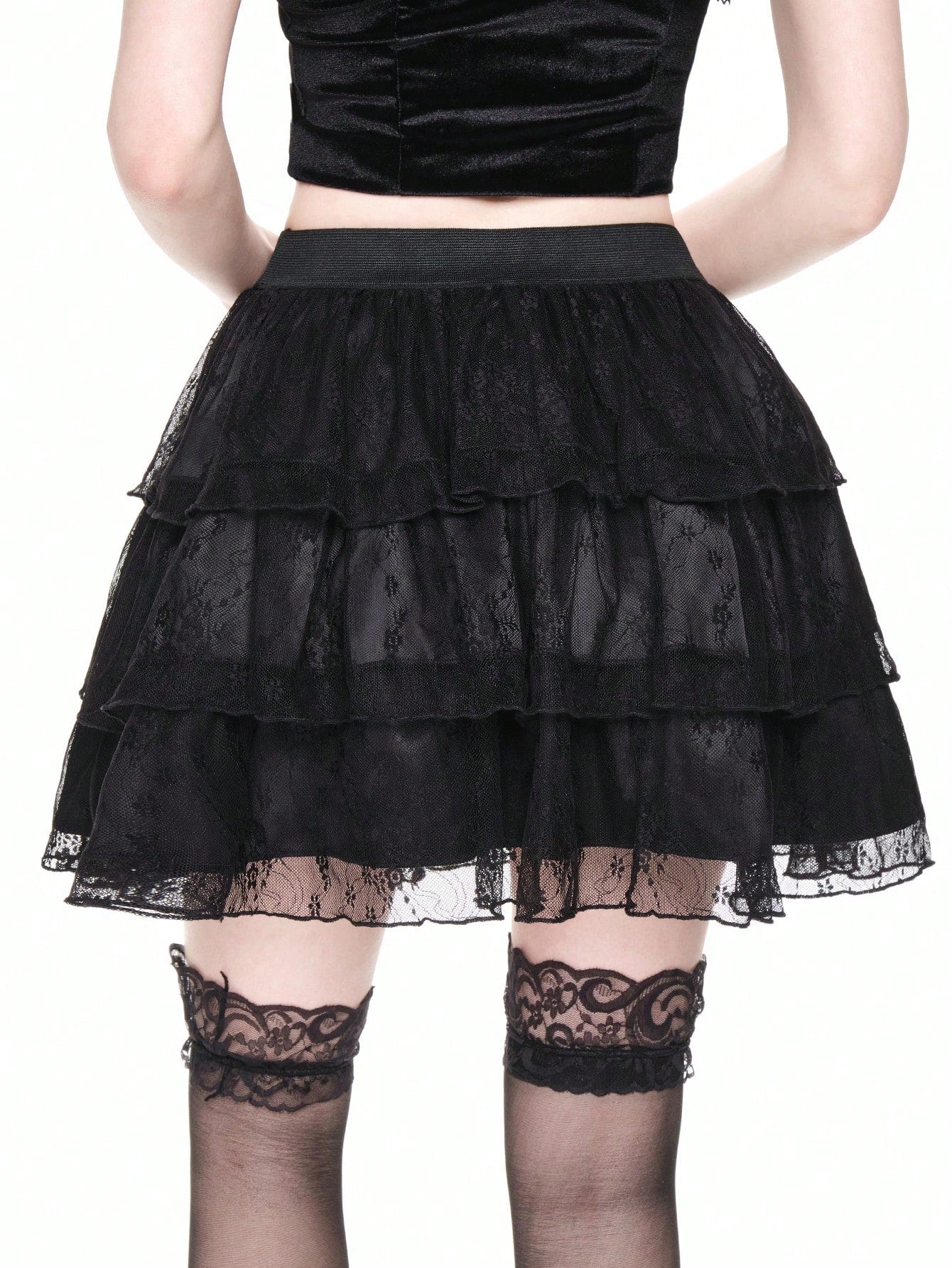 ROMWE Goth Elegante falda romántica gótica vintage de 3 niveles con diseño de encaje en silueta A
