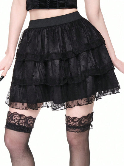 ROMWE Goth Elegante falda romántica gótica vintage de 3 niveles con diseño de encaje en silueta A