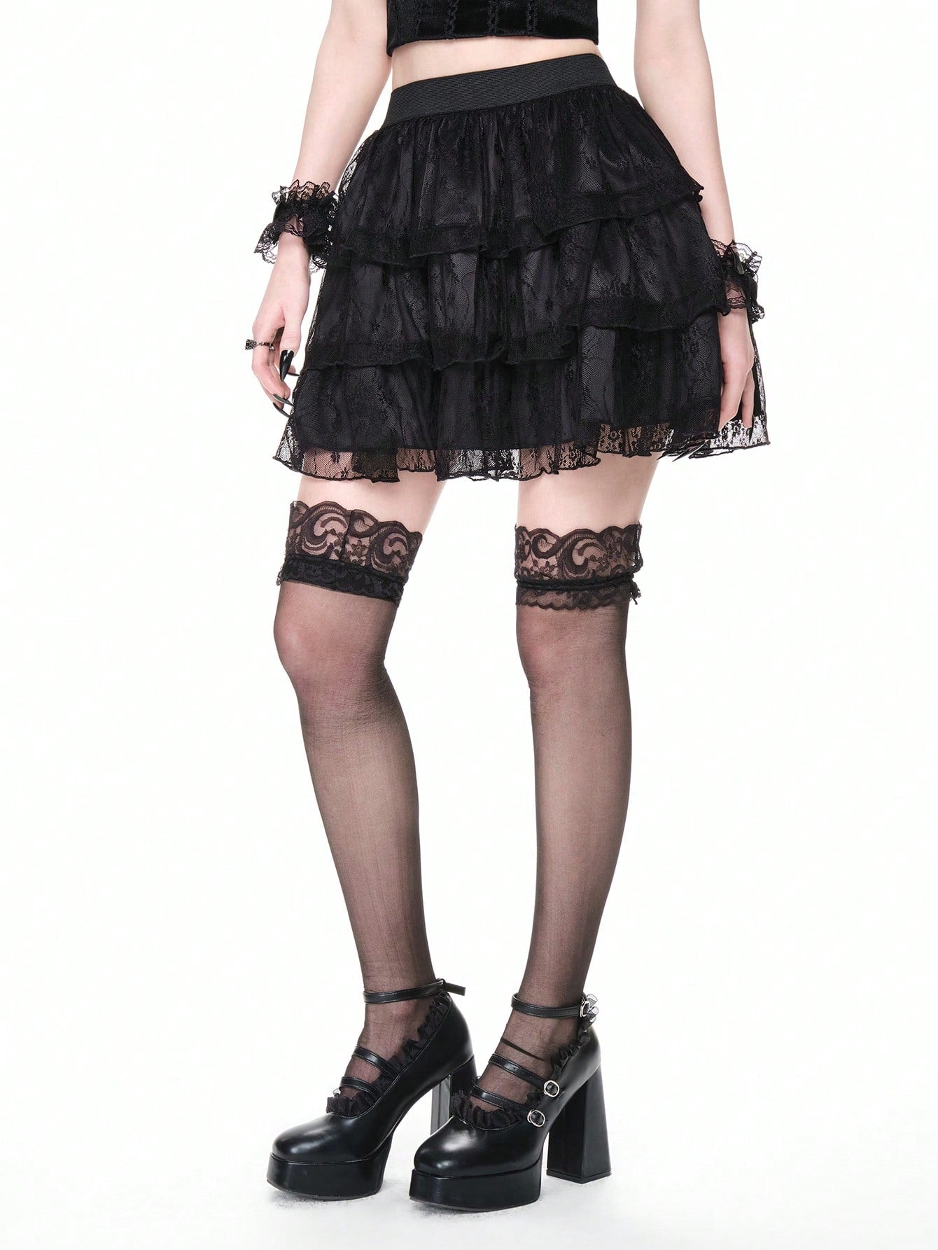 ROMWE Goth Elegante falda romántica gótica vintage de 3 niveles con diseño de encaje en silueta A