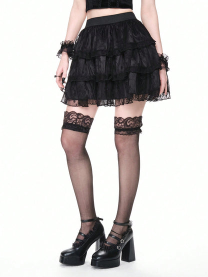 ROMWE Goth Elegante falda romántica gótica vintage de 3 niveles con diseño de encaje en silueta A