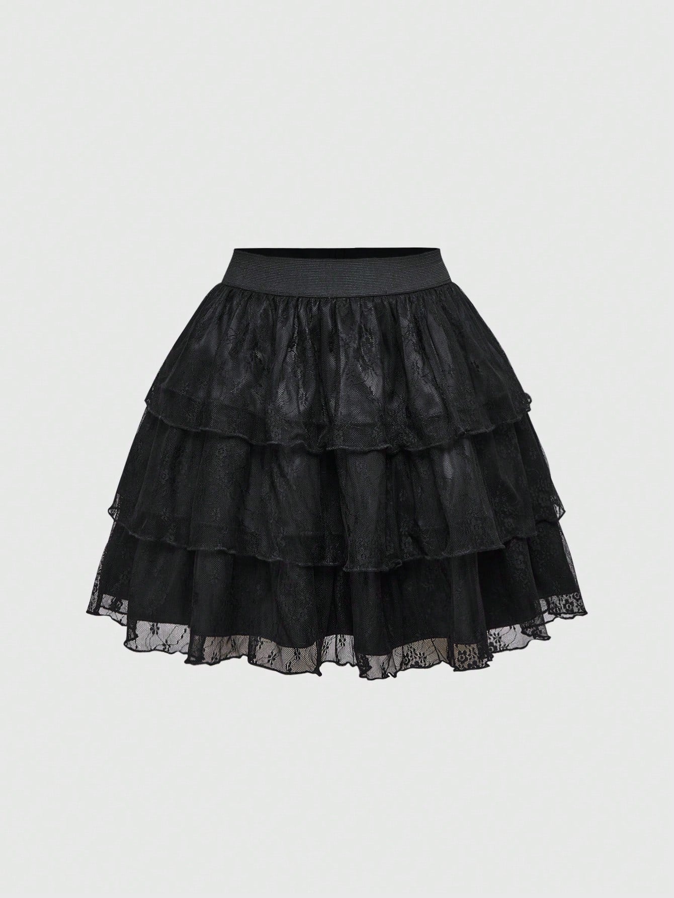 ROMWE Goth Elegante falda romántica gótica vintage de 3 niveles con diseño de encaje en silueta A