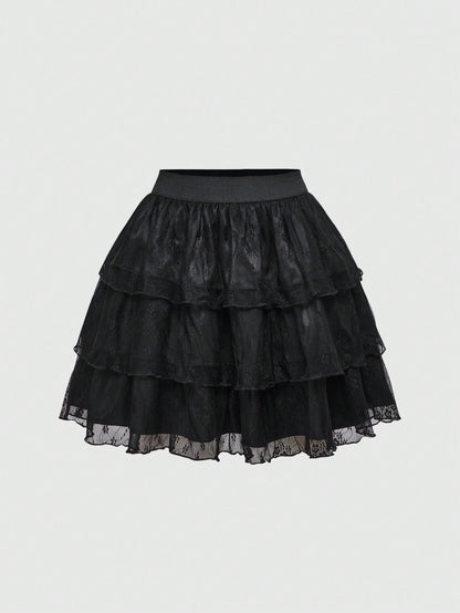 ROMWE Goth Elegante falda romántica gótica vintage de 3 niveles con diseño de encaje en silueta A