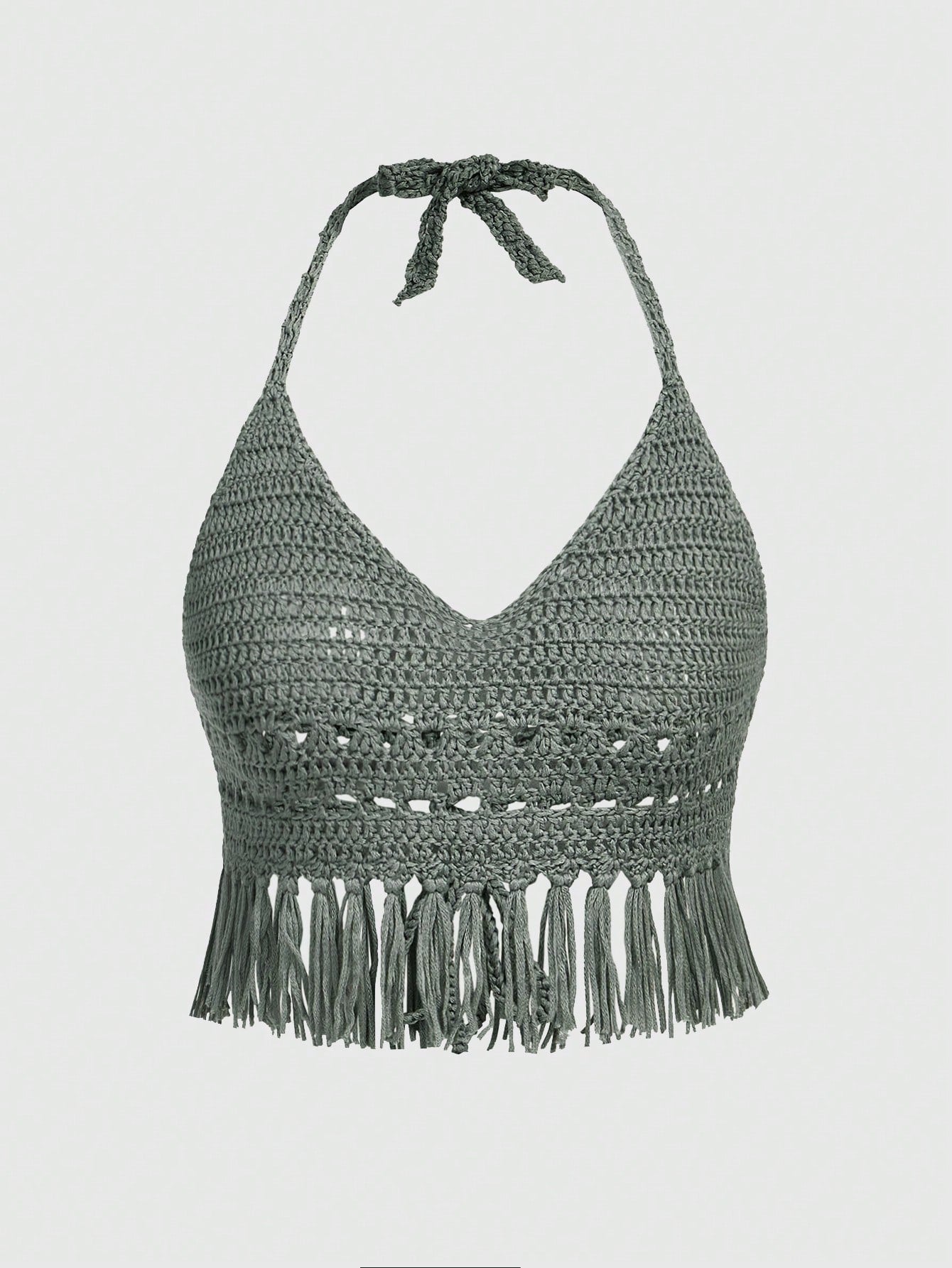 ROMWE Goth Estilo De Vacaciones, Top De Punto Con Cuello Halter, Detalles De Borlas Y Huecos Para Mujer