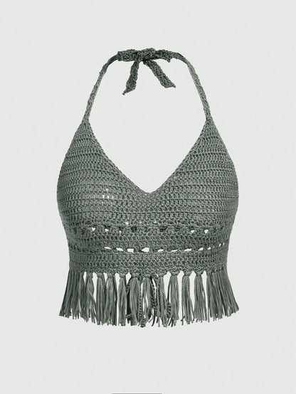 ROMWE Goth Estilo De Vacaciones, Top De Punto Con Cuello Halter, Detalles De Borlas Y Huecos Para Mujer