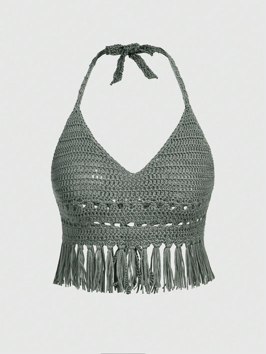 ROMWE Goth Estilo De Vacaciones, Top De Punto Con Cuello Halter, Detalles De Borlas Y Huecos Para Mujer