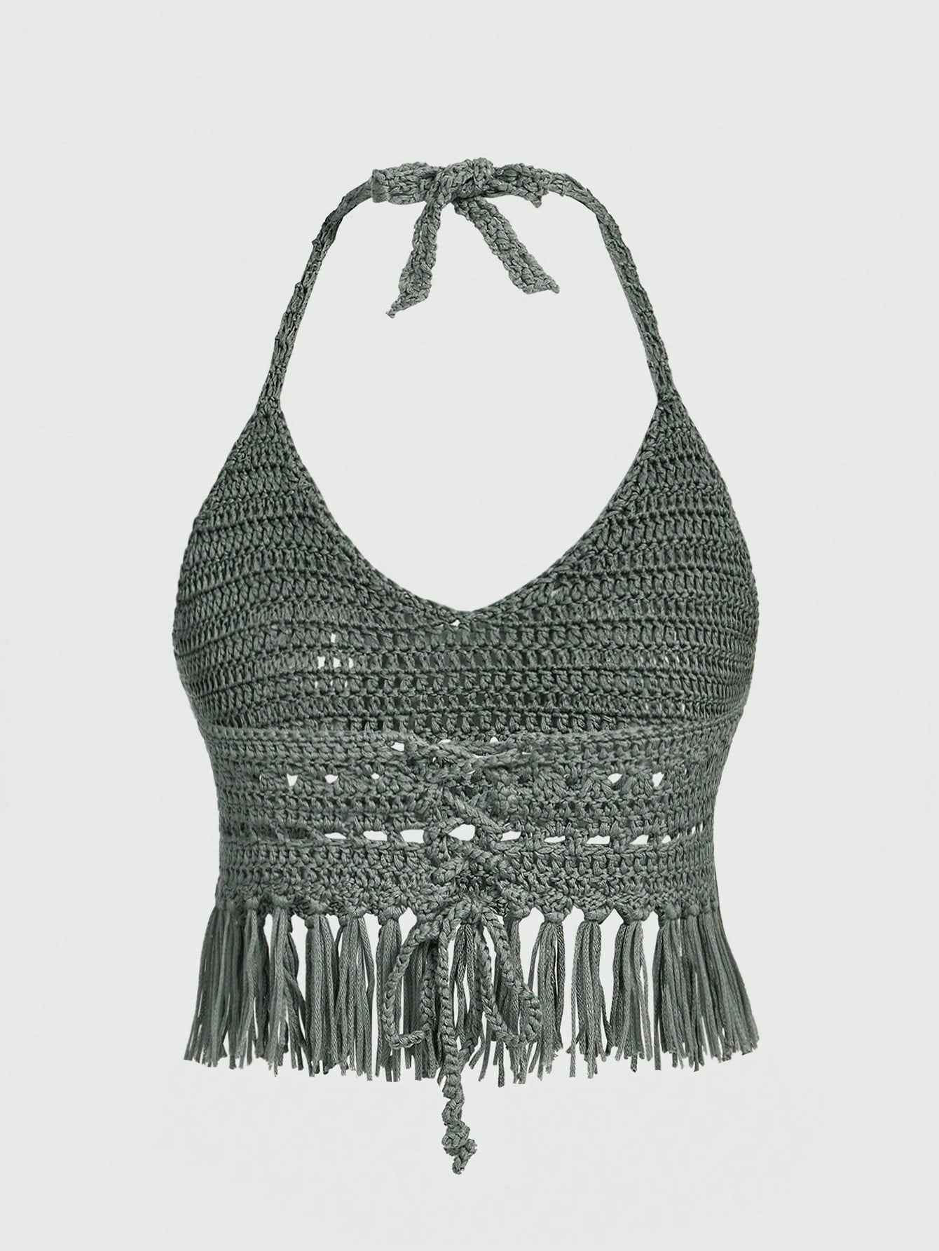ROMWE Goth Estilo De Vacaciones, Top De Punto Con Cuello Halter, Detalles De Borlas Y Huecos Para Mujer