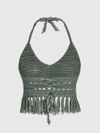 ROMWE Goth Estilo De Vacaciones, Top De Punto Con Cuello Halter, Detalles De Borlas Y Huecos Para Mujer