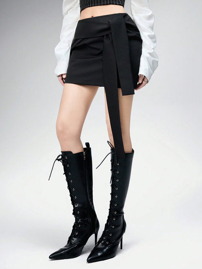 ROMWE Goth Falda de longitud a la rodilla para mujer con diseño de atar y borde asimétrico