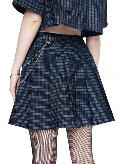 ROMWE Goth Falda plisada en A con decoración de cadena estilo gótico universitario