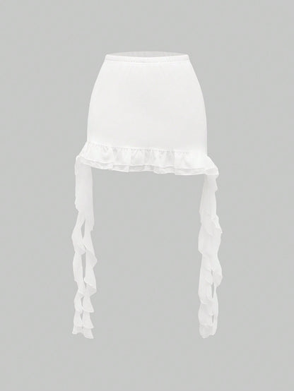 ROMWE Goth Falda ultraasimétrica con volantes en el borde y cinturón decorativo con shorts para damas