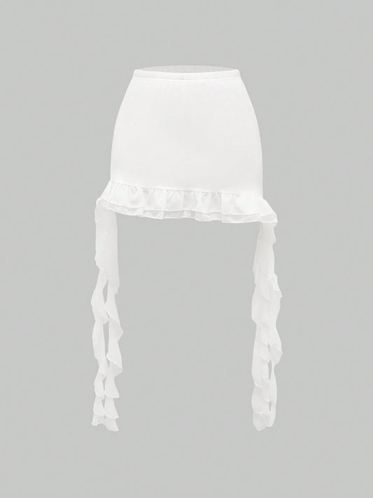 ROMWE Goth Falda ultraasimétrica con volantes en el borde y cinturón decorativo con shorts para damas