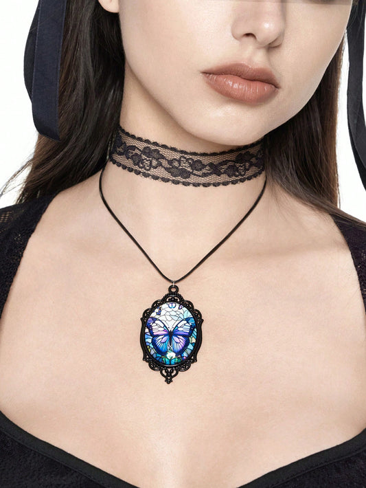 ROMWE Goth Gargantilla tipo choker con colgante de mariposa de encaje gótico
