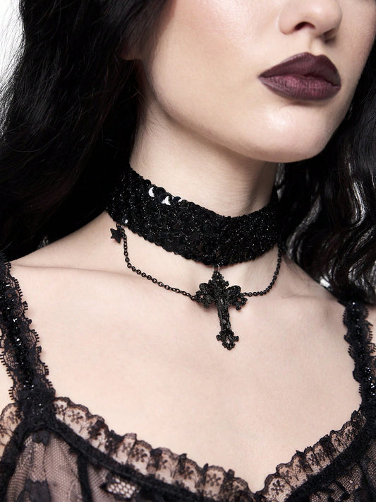 ROMWE Goth Llamativo collar gargantilla de gótico oscuro con colgante de cruz de moda