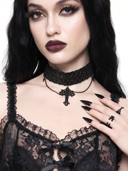 ROMWE Goth Llamativo collar gargantilla de gótico oscuro con colgante de cruz de moda