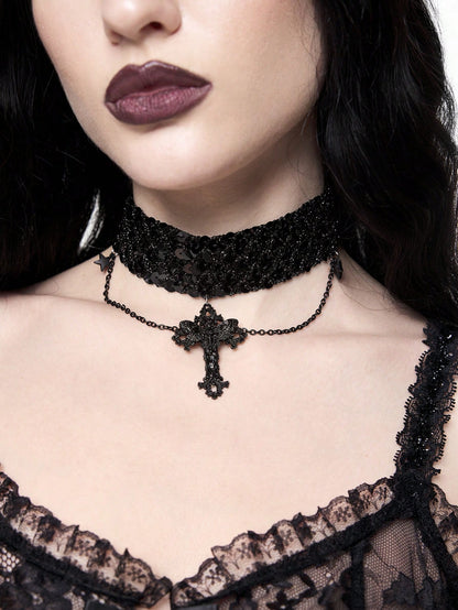ROMWE Goth Llamativo collar gargantilla de gótico oscuro con colgante de cruz de moda