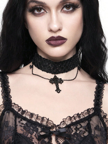 ROMWE Goth Llamativo collar gargantilla de gótico oscuro con colgante de cruz de moda