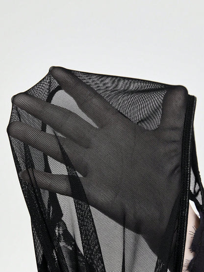 ROMWE Goth Mono sexy de estilo gótico con encaje de esqueleto
