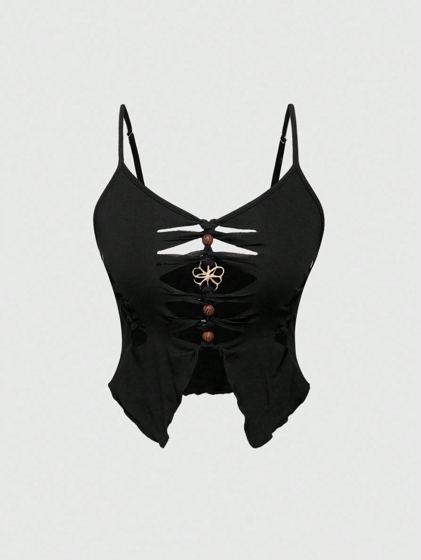 ROMWE Goth Parte superior camisola asimétrica para mujer con detalles de metal, cuentas de madera huecas y acabado desgastado en estilo gótico bohemio