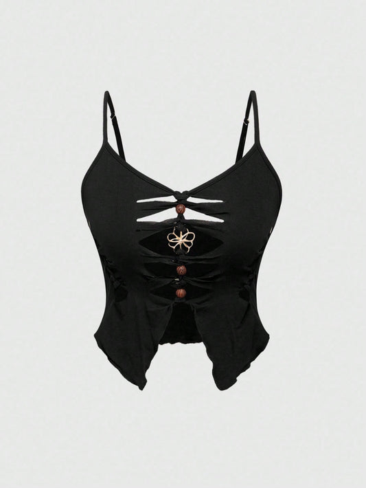 ROMWE Goth Parte superior camisola asimétrica para mujer con detalles de metal, cuentas de madera huecas y acabado desgastado en estilo gótico bohemio