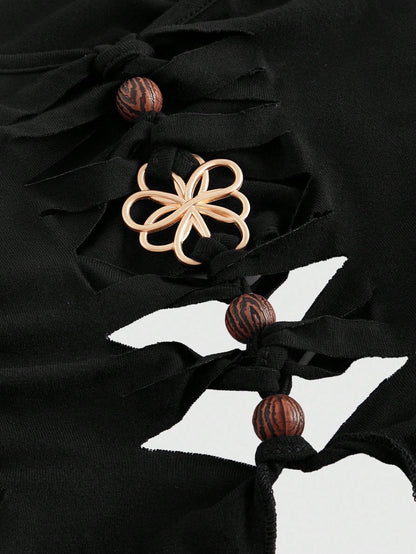 ROMWE Goth Parte superior camisola asimétrica para mujer con detalles de metal, cuentas de madera huecas y acabado desgastado en estilo gótico bohemio