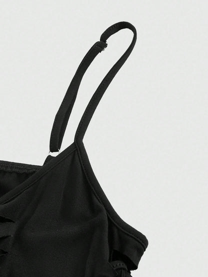 ROMWE Goth Parte superior camisola asimétrica para mujer con detalles de metal, cuentas de madera huecas y acabado desgastado en estilo gótico bohemio