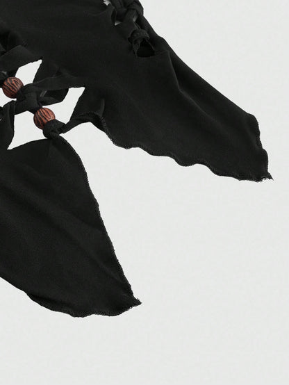 ROMWE Goth Parte superior camisola asimétrica para mujer con detalles de metal, cuentas de madera huecas y acabado desgastado en estilo gótico bohemio