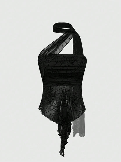 ROMWE Goth Parte superior corta desmontable con malla de tela de araña sexy para el ombligo, estilo Y2K para mujeres