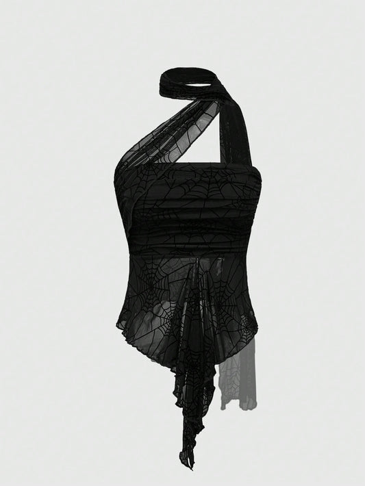 ROMWE Goth Parte superior corta desmontable con malla de tela de araña sexy para el ombligo, estilo Y2K para mujeres