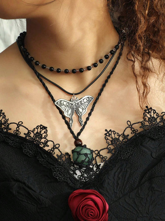 ROMWE Goth Set de 3 collares ajustables con forma de mariposa y luna, piedras y perlas negras falsas en estilo gótico vintage hecho a mano, joyería bohemia para mujeres