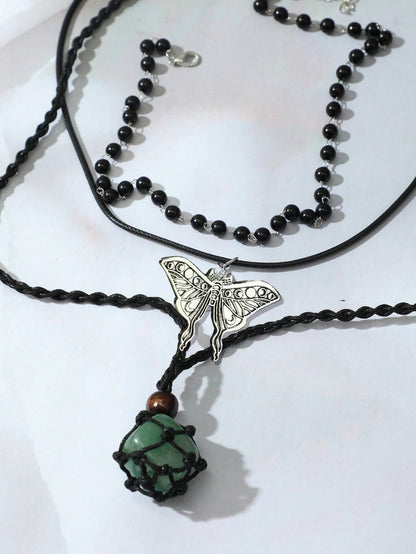 ROMWE Goth Set de 3 collares ajustables con forma de mariposa y luna, piedras y perlas negras falsas en estilo gótico vintage hecho a mano, joyería bohemia para mujeres