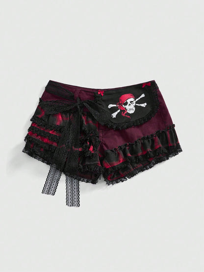 ROMWE Goth Shorts vaqueros mini de pirata oscuro tipo Y2K con calavera