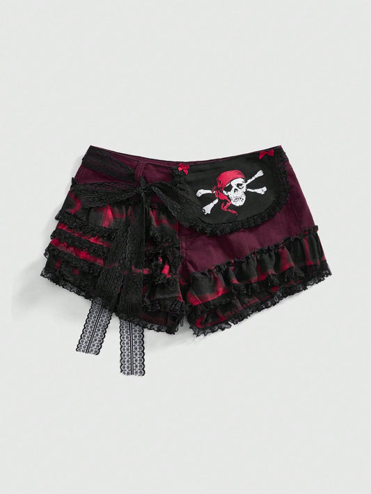 ROMWE Goth Shorts vaqueros mini de pirata oscuro tipo Y2K con calavera
