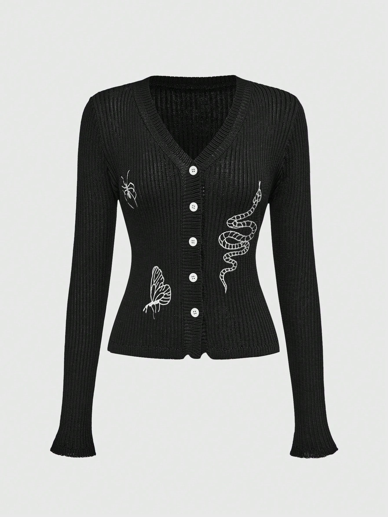 ROMWE Goth Suéter casual de mujer con botones delanteros, mangas largas y detalles gráficos