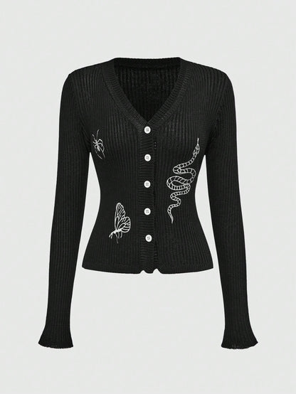 ROMWE Goth Suéter casual de mujer con botones delanteros, mangas largas y detalles gráficos