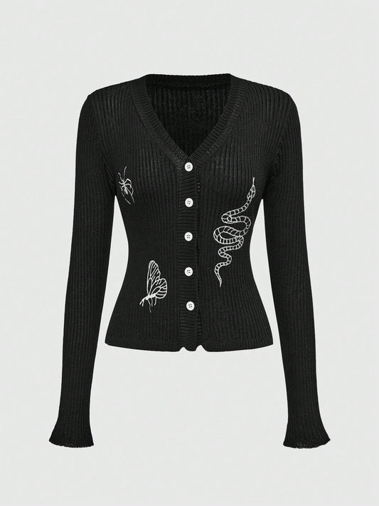 ROMWE Goth Suéter casual de mujer con botones delanteros, mangas largas y detalles gráficos