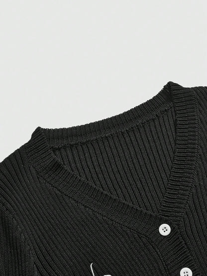 ROMWE Goth Suéter casual de mujer con botones delanteros, mangas largas y detalles gráficos