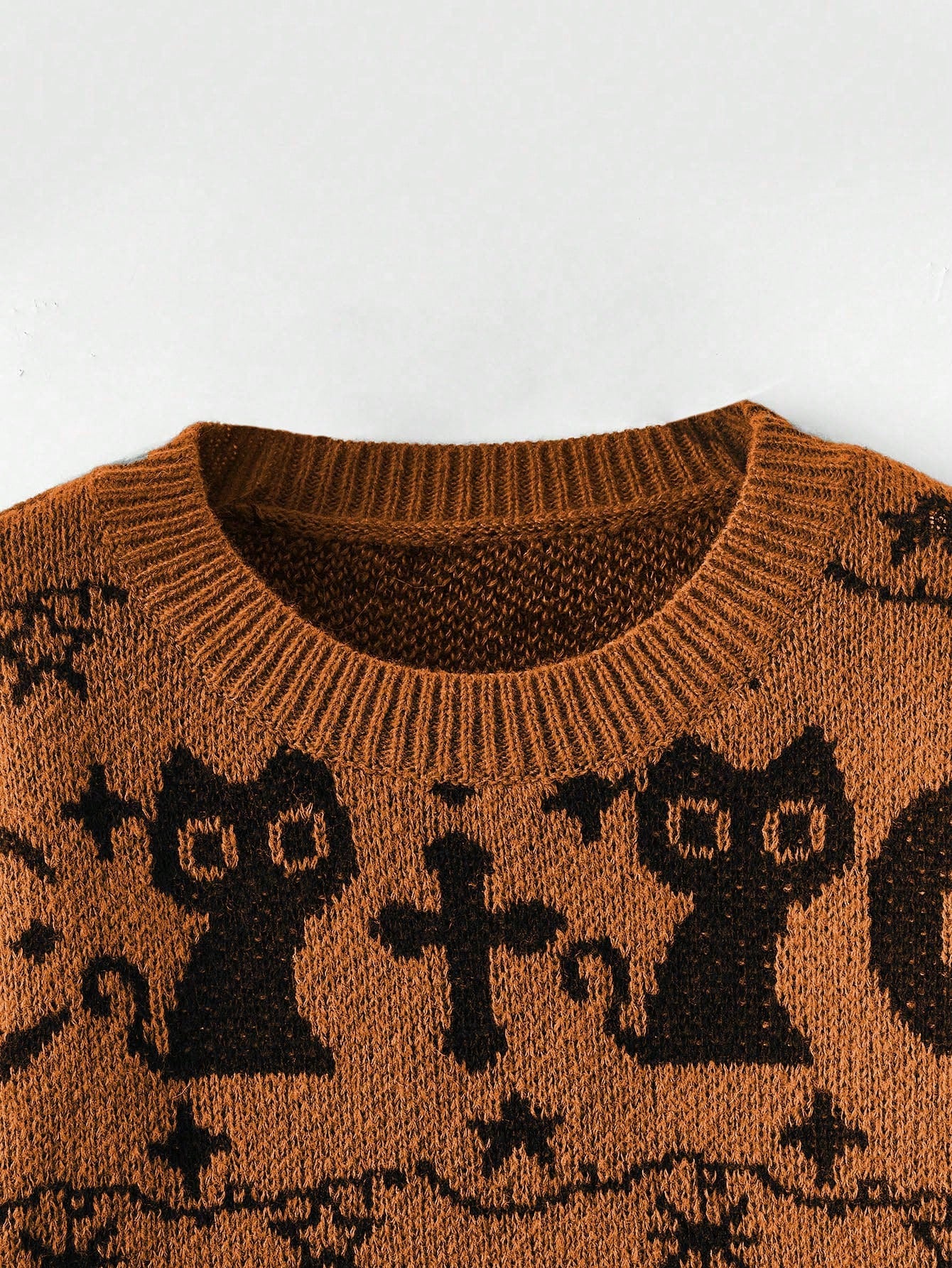 ROMWE Goth Suéter de cuello redondo con gato negro para Halloween
