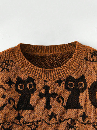 ROMWE Goth Suéter de cuello redondo con gato negro para Halloween