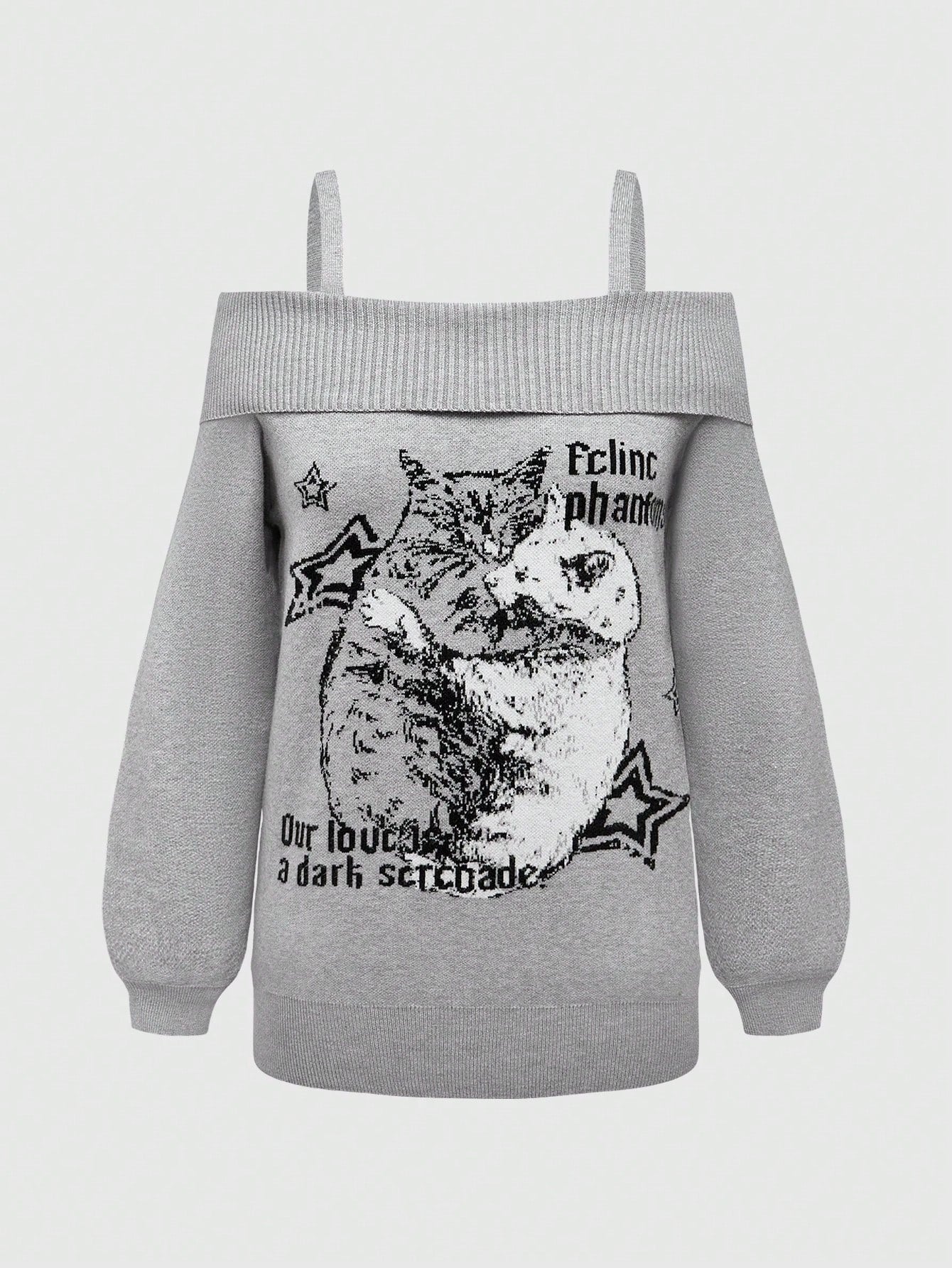 ROMWE Goth Suéter holgado con abertura en los hombros y patrón jacquard de gatos en talla grande en color gris