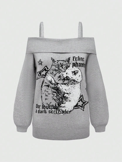 ROMWE Goth Suéter holgado con abertura en los hombros y patrón jacquard de gatos en talla grande en color gris