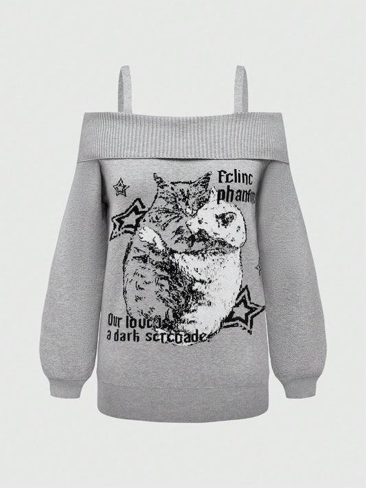 ROMWE Goth Suéter holgado con abertura en los hombros y patrón jacquard de gatos en talla grande en color gris