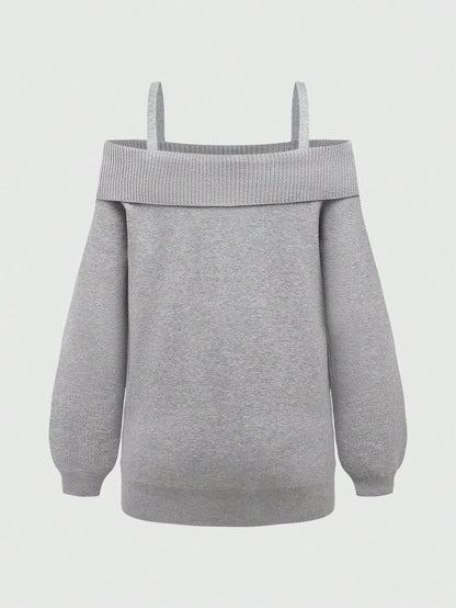 ROMWE Goth Suéter holgado con abertura en los hombros y patrón jacquard de gatos en talla grande en color gris