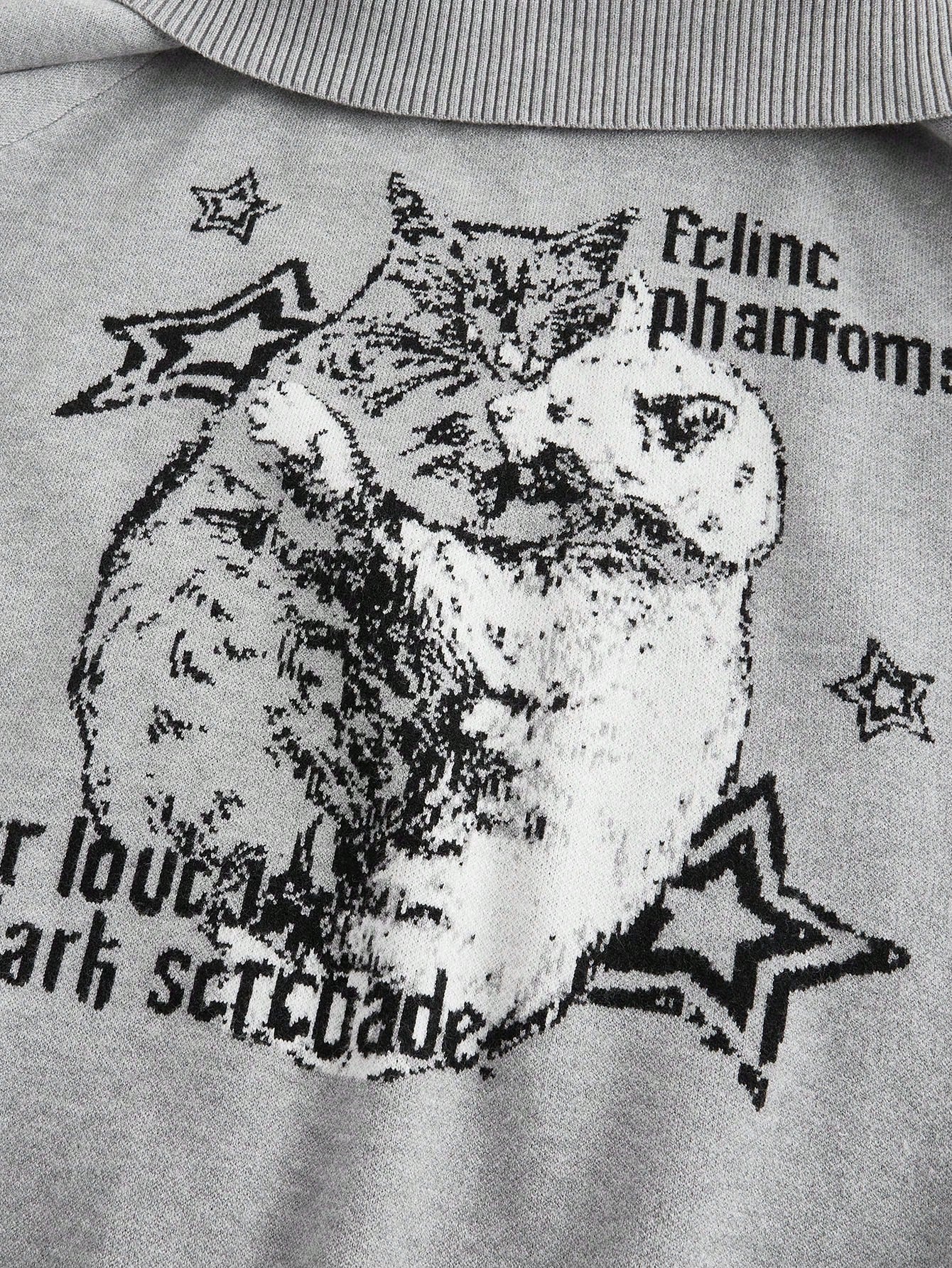 ROMWE Goth Suéter holgado con abertura en los hombros y patrón jacquard de gatos en talla grande en color gris