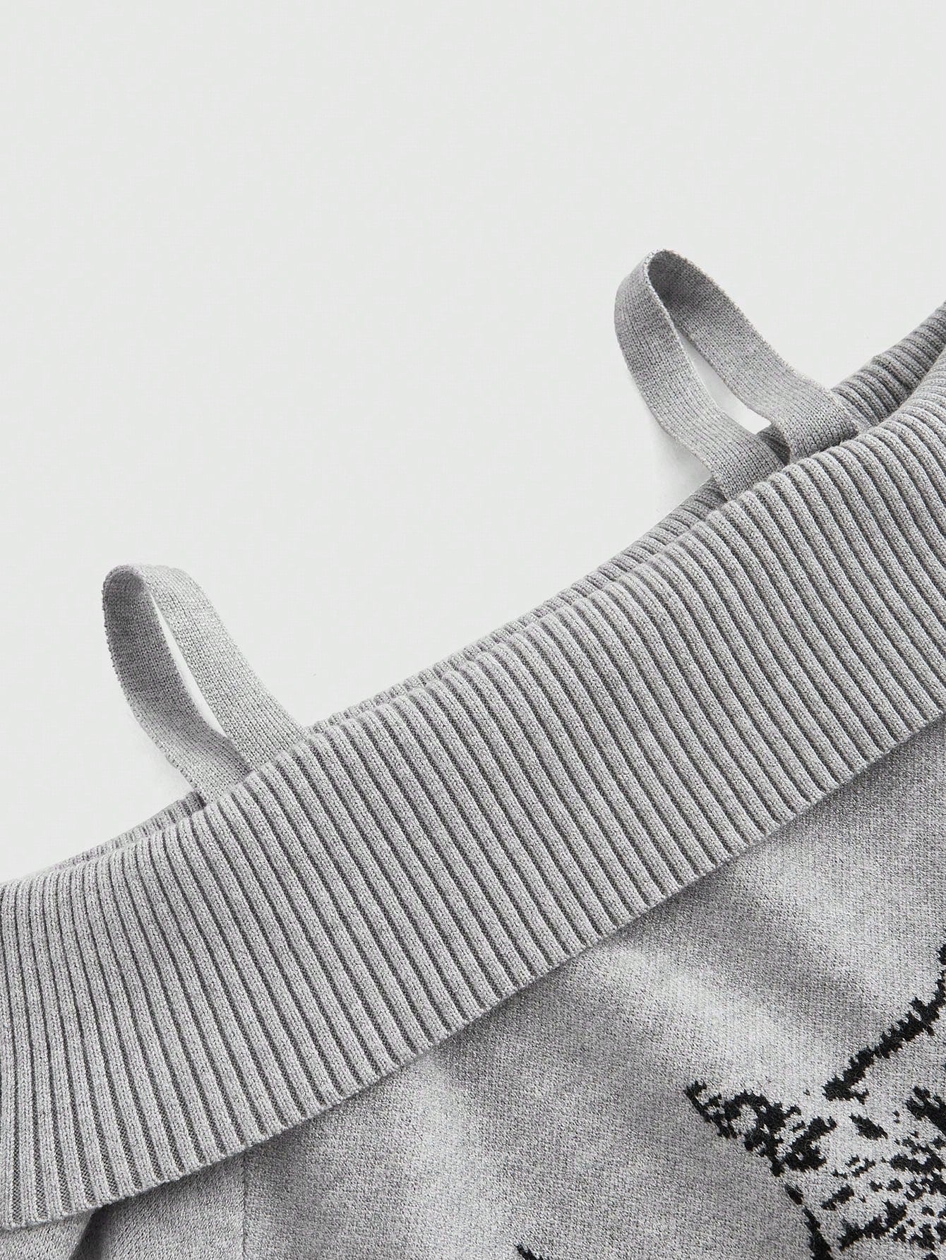 ROMWE Goth Suéter holgado con abertura en los hombros y patrón jacquard de gatos en talla grande en color gris