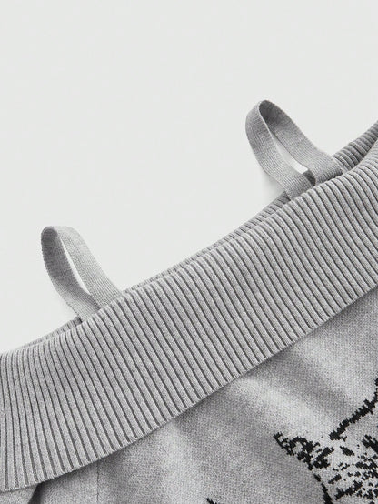 ROMWE Goth Suéter holgado con abertura en los hombros y patrón jacquard de gatos en talla grande en color gris